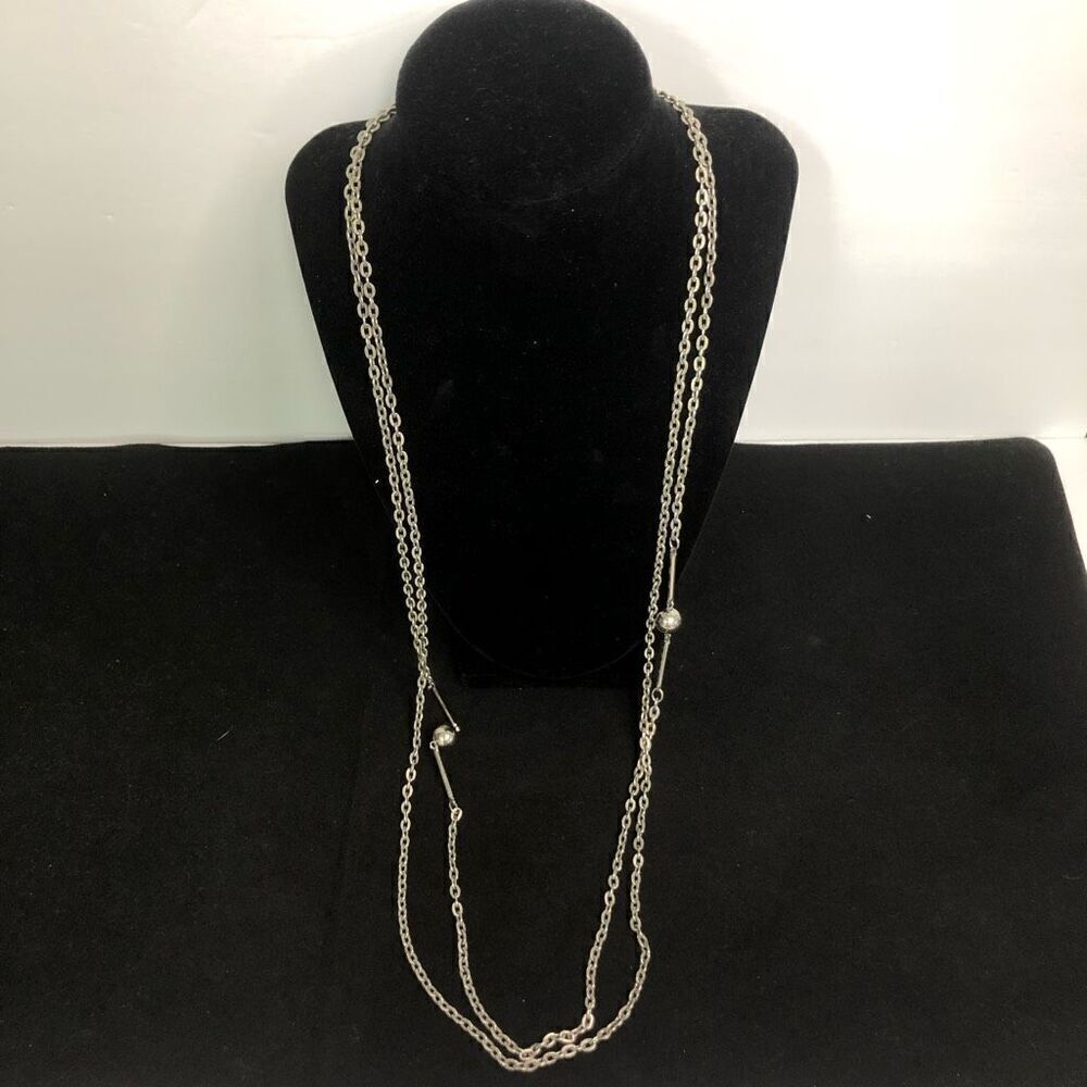 long double strand silver‎ tone chain ball and bar classic layered necklace